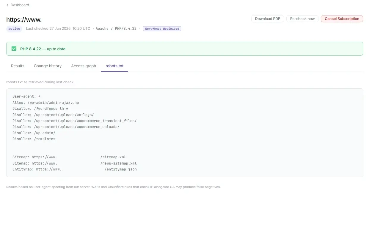 UAWatch robots.txt viewer showing raw file contents